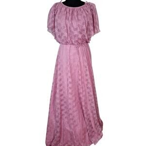 Vintage 70s Mauve Pink Lace Maxi Formal Prom Bridesmaid Dress Women Size Medium